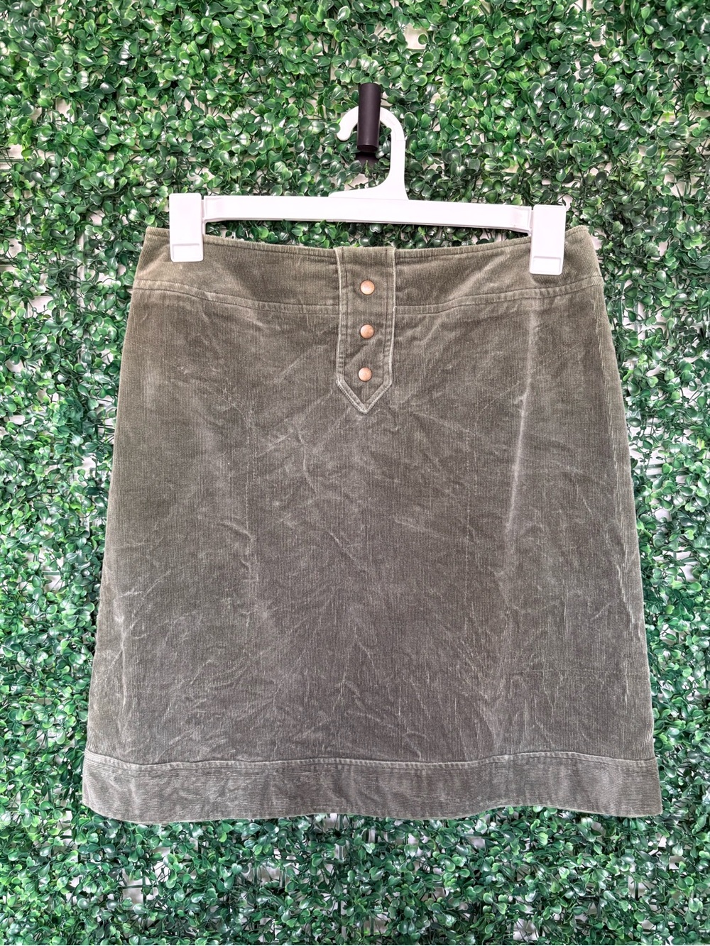 Harve Benard Olive Velvet Knee length Skirt with Button Detail and zipper back.